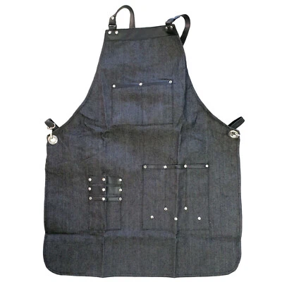 Denim Apron Leather Strap Barista Workwear Barber Pocket Studio Uniform Apron - Image 1 of 4