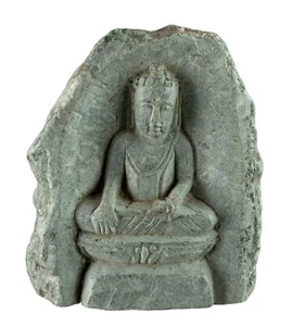 Statuette Buddha Stein Geschnitzt - Handwerk Unikat Hergestellt Zur Nepal #K - Picture 1 of 8