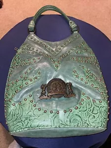 CHARM & LUCK GREEN TOP HANDLE LEATHER STUDDED PURSE - Picture 1 of 6