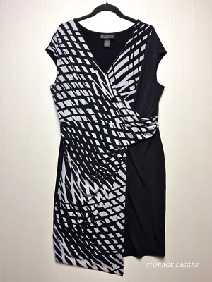 Vestido para mujer Lane Bryant blanco y negro geométrico envolvente con cuello en V talla 14/16 Foto 1 de 4