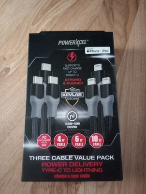 POWERXCEL 3 Cable Value Pack Type C - 4ft 6ft 10 Ft Iphone,Ipad,ipod Charge Sync - Image 1 of 4