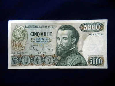 1973 Belgium rare Banknote 5000 Francs VF P137 HIGH QUALITY - Image 1 of 2
