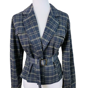 Modcloth Size S Metallic Gold Plaid Blazer Jacket Blue and Gold Belted Classic  - Picture 1 of 14