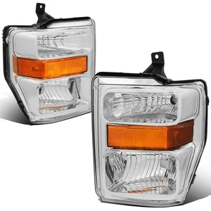Fit 2008-2010 Ford Super Duty Pair Chrome Housing Amber Side Headlight/Lamp Set - Picture 1 of 7