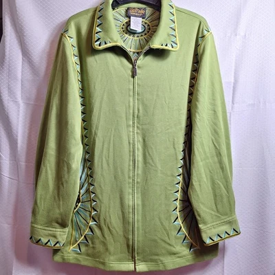 Chaqueta BOB MACKIE Usable Arte Cremallera Completa Azteca Ráfaga Talla 1X Verde Bordado Elegante Foto 1 de 4