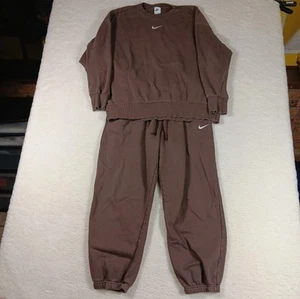 Nike Sweatsuit Mens Large Brown Fleece 2 Piece Set Crew Neck Center Swoosh - Picture 1 of 22