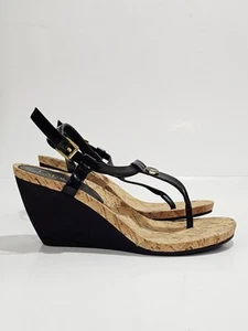 Ralph Lauren Reeta Black Wedge Heel Thong Sandels 3" Heel Gold Buckle Sz 9 - Picture 1 of 15