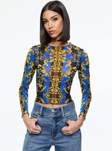 Alice + Olivia DELAINA Regal Romance Saphir Langarm Netz Top Neu mit Etikett Small - Bild 1 von 9