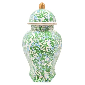 Ginger Jar with Lid, 12" Tall Blue and Green Decor, Chinoiserie Vase/Decorati... - Foto 1 di 5