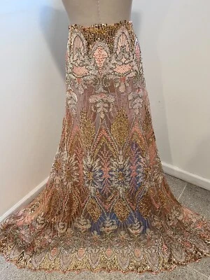 Peach Gold Black Iridescent Sequin Embroidered Lace fabric 50” Width 1 Yard - Image 1 of 4