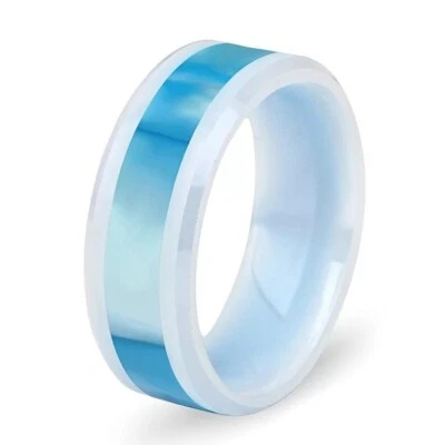 Anillo de compromiso de boda con banda lisa de cerámica madreperla de 8 mm único para mujeres y hombres Foto 1 de 4