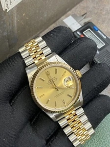 Rolex Mens Datejust 16233 18K Yellow Gold & Steel Champagne Dial Fluted Watch - Picture 1 of 6