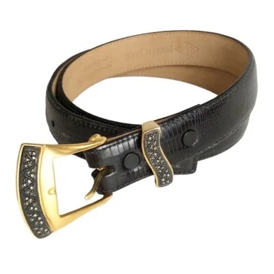 Vtg Judith Jack Gold Tone Buckle w/ Marcasites Black Leather Belt Lizard Sz Sm - Image 1 of 4