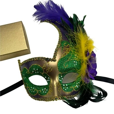 MARDI GRAS Green, Purple & Gold Feather Swan Masquerade Mask Women Mask - Image 1 of 4