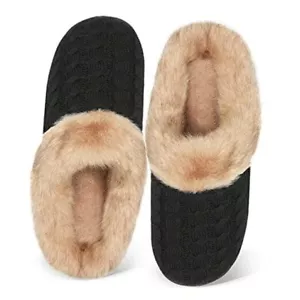 Women's Memory Foam Slippers Knitted Fur Collar House Shoes Anti 5-6 Black - Picture 1 of 7