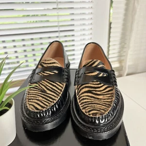 J Crew Rowan Penny Loafers Womens Size 6.5 Black Leather W/ Calf Hair Shoes - Picture 1 of 12