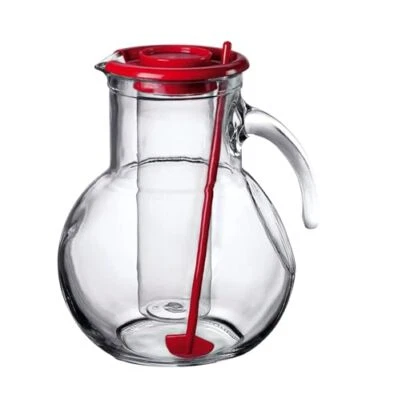 Bormioli Rocco Kufra 72.75 Oz. Glass Pitcher with Red Lid, Spout and Ice Tube - Image 1 of 4