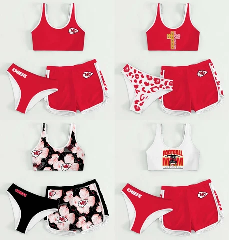 Kansas City Chiefs Womens High Waist 3PCS Sports Outfits Crop Top with Shorts Cover
