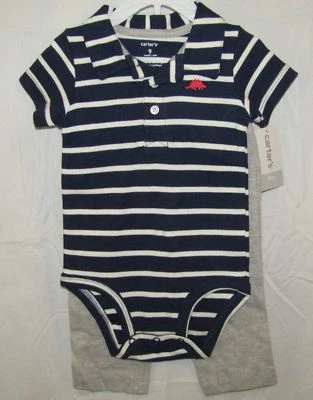 НОВЫЙ CARTERS BABY МАЛЬЧИКОВ ТЕМНО-СИНИЙ ДИНОЗАВР БОДИ СЕРЫЙ БРЮКИ 2 ИЗДЕЛИЯ КОМПЛЕКТ 9 М 12 М - Изображение 1 из 2