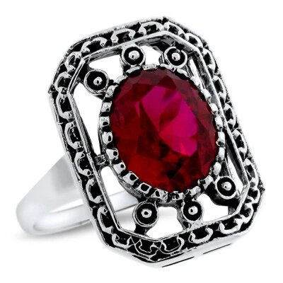 ANTIQUE STYLE 925 STERLING SILVER 3 CARAT LAB-CREATED RUBY FILIGREE RING   1101z - Image 1 of 4