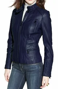 Women's 100% Real Lambskin Leather Designer Biker Navy Blue Motorcycle Jacket - Picture 1 of 6