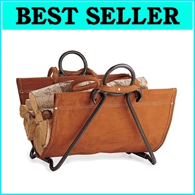 Elegante portador de troncos de hierro forjado - soporte de leña de cuero gamuza 29x17,5 pulgadas Foto 1 de 4