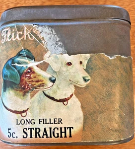 Lata de cigarros antigua rara Flick & Flock ~ Lata publicitaria de tabaco para perros de marca registrada - Imagen 1 de 10