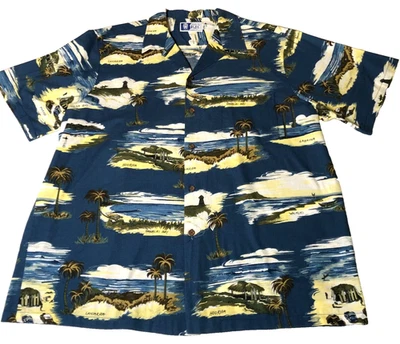 Camisa Ho'okipa Hawaiana RJC Para Hombres Talla 2XL Azul Playa Palmeras Abotonada Manga Corta Foto 1 de 4