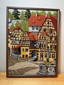 Vintage Needlepoint Tudor European Or English Village Hand Stitched Framed - Picture 1 of 7