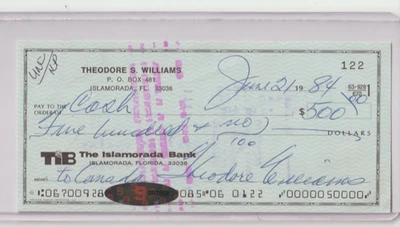 РЕДКАЯ (ПОДПИСАНА 2 1/2 РАЗА) TED WILLIAMS ПОДПИСАННЫЙ 1984 ЛИЧНЫЙ ЧЕК АВТОГРАФ - Изображение 1 из 2