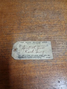 Raleigh Industries Cycle Bicycle Reciept Tag Military Raf Air Ministry - Picture 1 of 5
