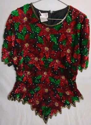 VTG Lawrence Kazar Silk Beaded Sequin Top SznL Black Red Poinsettia READ DESCRIP - Image 1 of 4