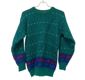 Tulchan Pullover Wool Sweater Womens Medium Green Knit Vintage Flowers - Picture 1 of 9