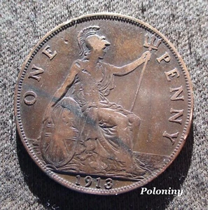 OLD 1 PENNY 1913 COIN UNITED KINGDOM KING GEORGE V ~ SEATED BRITANIA W/ TRIDENT - Picture 1 of 2