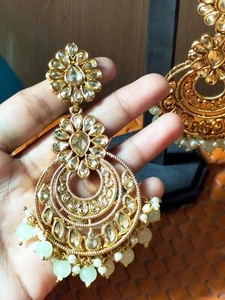 Mint Green Pastel Bollywood Jewelry Handmade Kundan Jhumka Traditional Earring - Picture 1 of 9