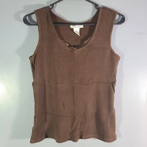Hannah Tank Top Womens Size L Sleeveless Brown Lace V-Neckline 100% Cotton - Picture 1 of 12