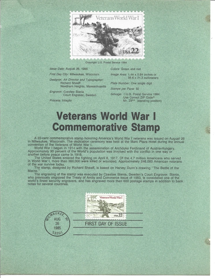 1985 FDI, VETERANS OF WW1, SOUVENIR PAGE - Image 1 of 1