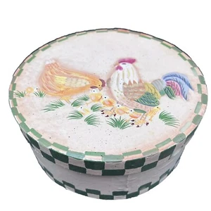 Sturdy 7 inch Round Painted Storage Box Rooster And Hen - Picture 1 of 8
