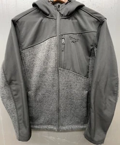 Reebok Jacket Men L Black Gray Weather Resistant Fleece Hood Zip Lightweight - Picture 1 of 11