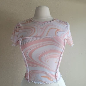 Top corto CLOUD DANCER micro malla talla S dobladillo de lechuga discoteca transparente años 70 manga corta - Imagen 1 de 7