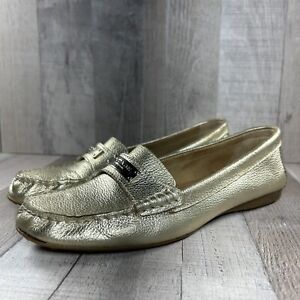 Coach Womens Fredrica Loafer Pebble Leather Driving Shoes Metallic Gold Size 8.5