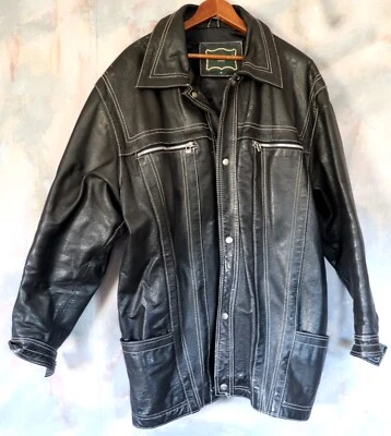 Vintage Men's Leather Jacket Black Authentic White Stitching Cavelloti Uomo SALE - Image 1 of 4