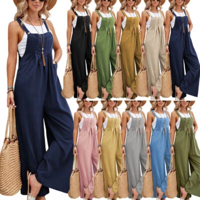 NEU Damen Leinen Latzhose Jumpsuit Sommer WeitemBein Overall Freizeit Mode e - Bild 1 von 2