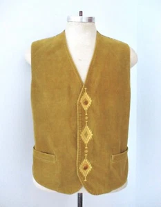 Vtg 50s 60s Gold Corduroy Waistcoat Vest Diamond Embroidery Pockets Italy 42 - Picture 1 of 9