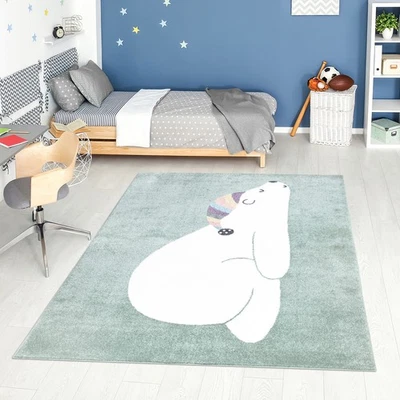 Kinderteppich Eisbär - Grau, Grün, Rosa - Modern - Kurzflor - Kinderzimmer - Bild 1 von 4