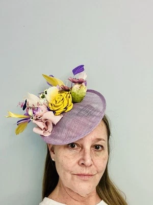 Derby/Horse Racing/Wedding/Tea Party Fascinator Hat OOAKLila Sinamay Yellow Flow - Image 1 of 4