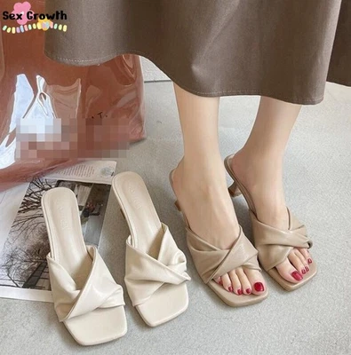 Women High Heel Sandals Summer Fashion Cat Heel Square Toe Slippers Dress Shoes - Image 1 of 4