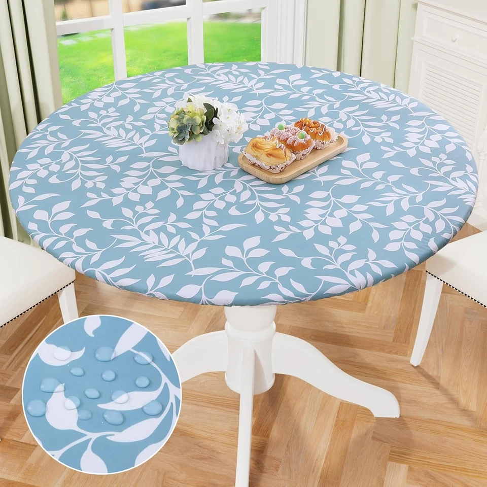Round Fitted Tablecloth Elastic Edge Waterproof Oil Proof Plastic Table Cover - Image 1 of 4