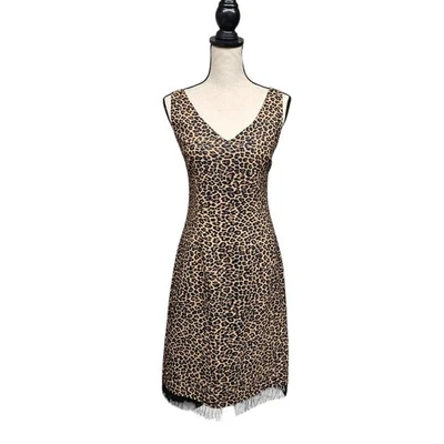 Mica Womens Leopard Dress Sz 8 Bodycon Cocktail Beaded Fringe Studded Sleaze 90s - Image 1 of 4