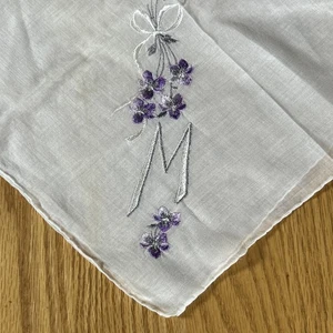 Vintage Cotton Handkerchief Monogrammed M Embroidered Cottagecore Wedding Hanky - Picture 1 of 23